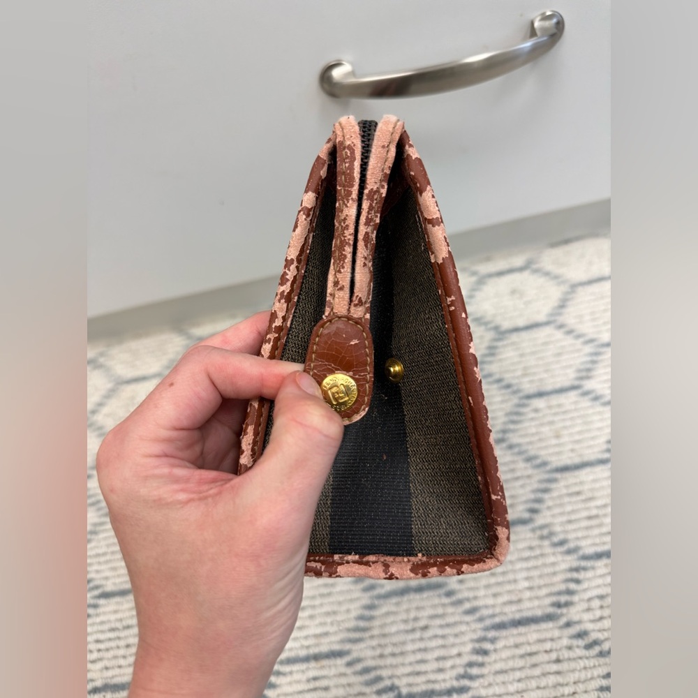 FENDI Vintage Classic Brown Canvas Leather Pequin Striped Logo Clutch Pouch - Picture 12 of 16